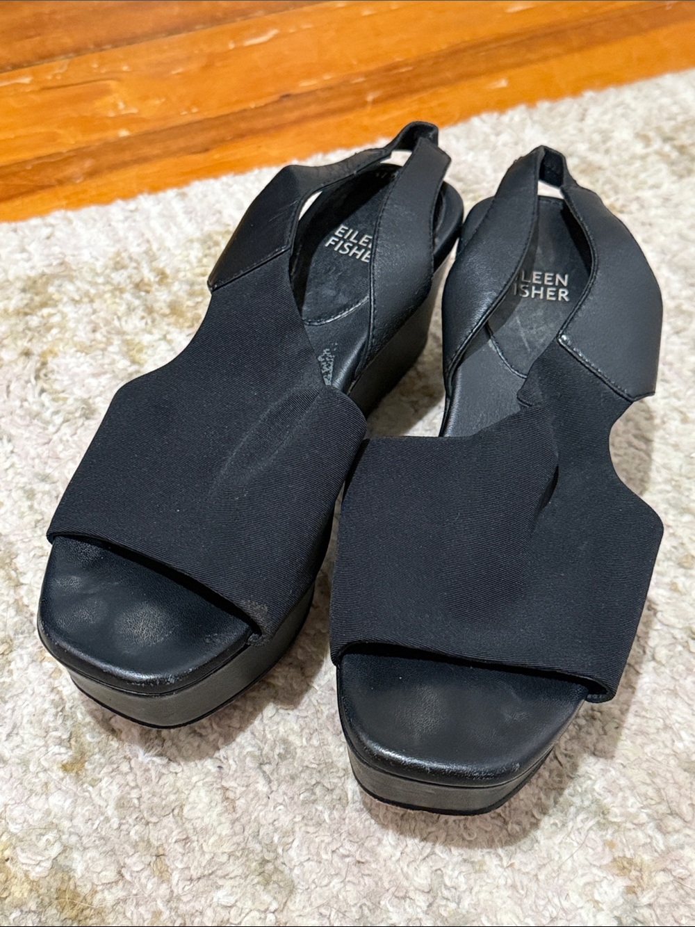 Eileen Fisher Black Stretch Slingback Wedge Sandals